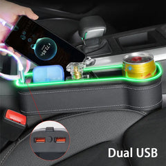 Car Seat Gap Storage Box with LED Atmosphere Light – Dual USB Charger & Cup Holder
